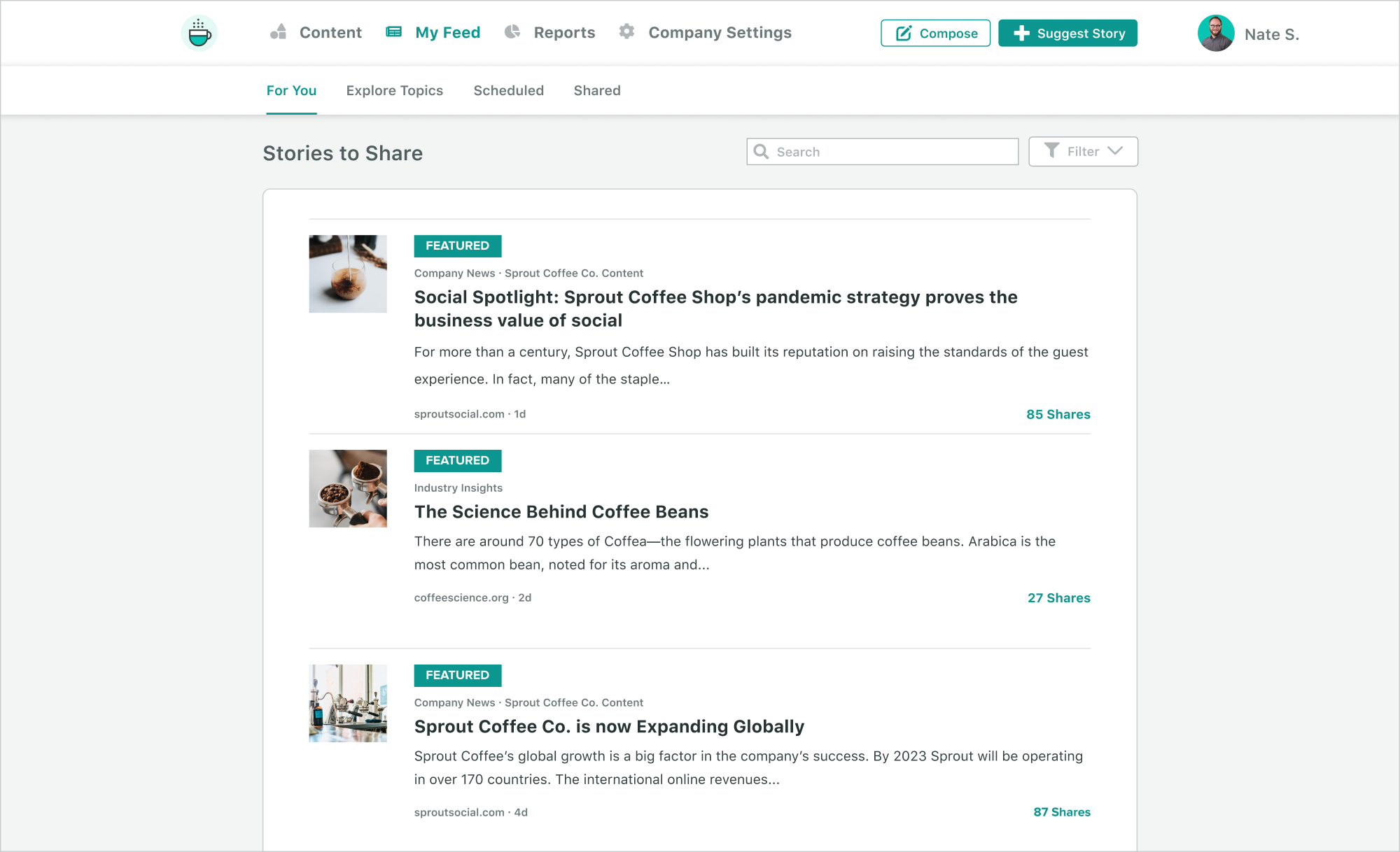 Las soluciones de Advocacy de empleados de Sprout Social muestran formas de encontrar y crear historias para compartir con métricas e informes en línea disponibles.