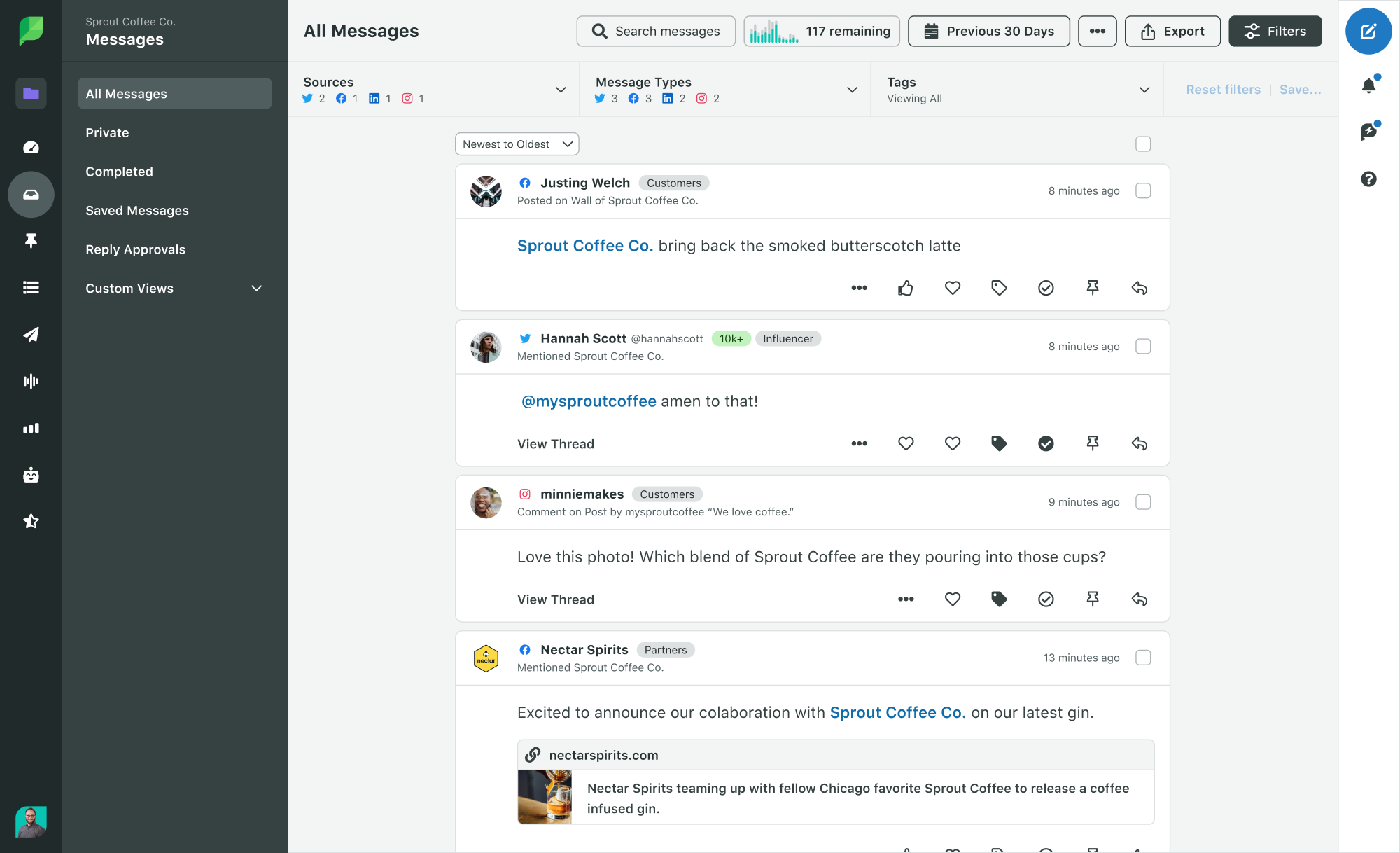 Optimieren Sie Ihren Workflow für den Umgang mit Kundeninteraktionen, indem Sie die Inbox-Ansichten von Sprout Social nutzen, um Ihre eigenen benutzerdefinierten Filterkonfigurationen in der Smart Inbox zu erstellen und zu speichern.