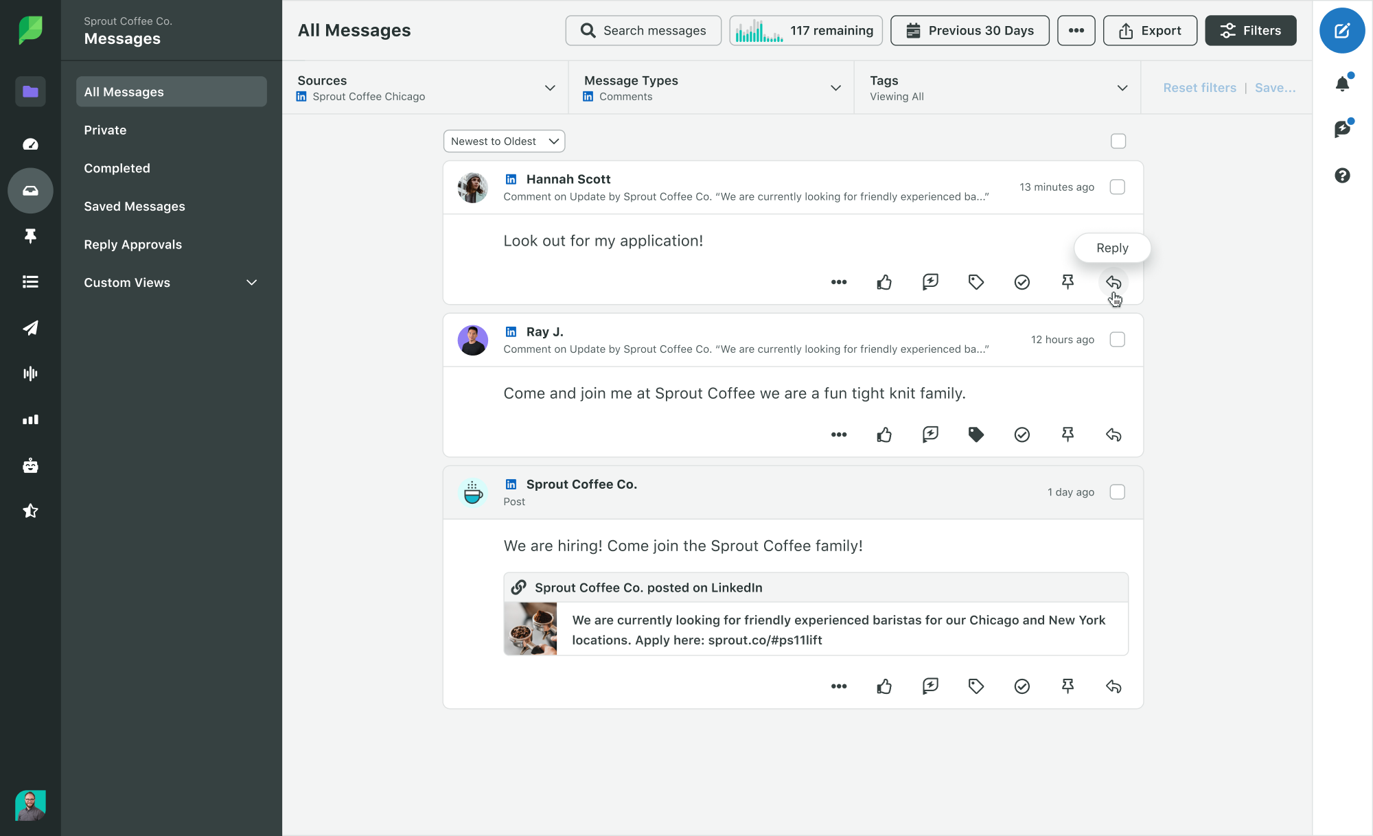 Sprout Social: imagem do produto mostrando a Inbox inteligente de interação com todos os filtros do LinkedIn selecionados e o mouse passando sobre Responder