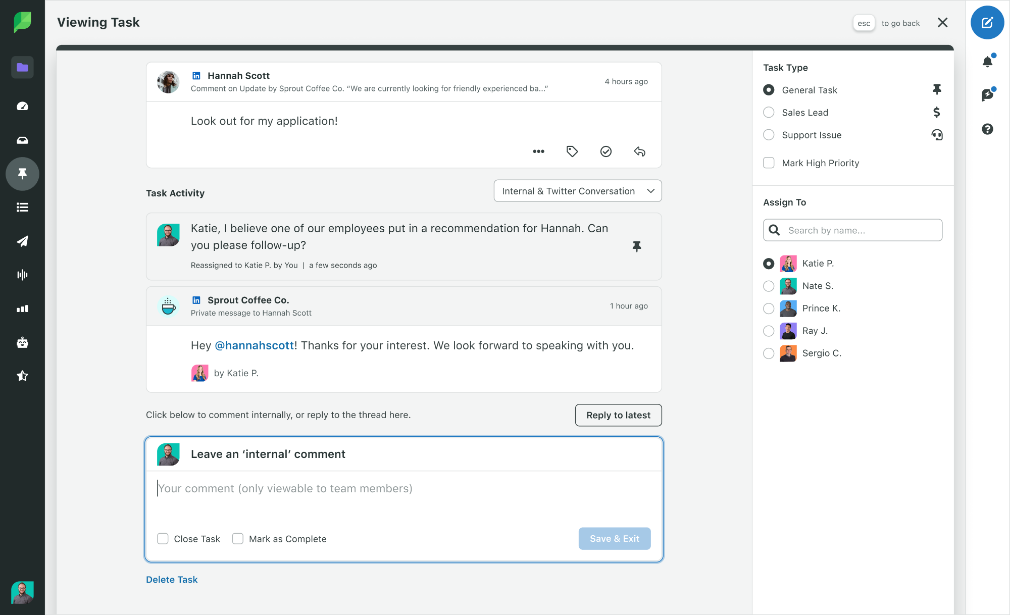 Sprout Social-Produktbild zeigt die Engagement-Aufgaben mit dem Aktivitätenverlauf von LinkedIn