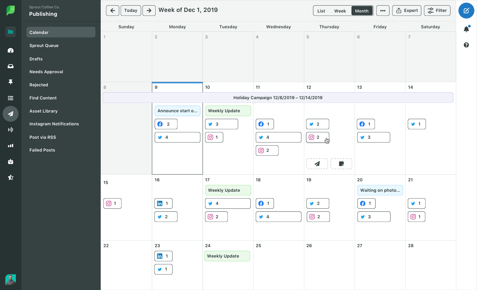 Sprout Social: imagem do produto Visualização do calendário de publicações mensal