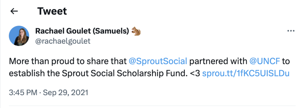 Tweet from a Sprout employee sharing Sprout's new partnership with UNCF