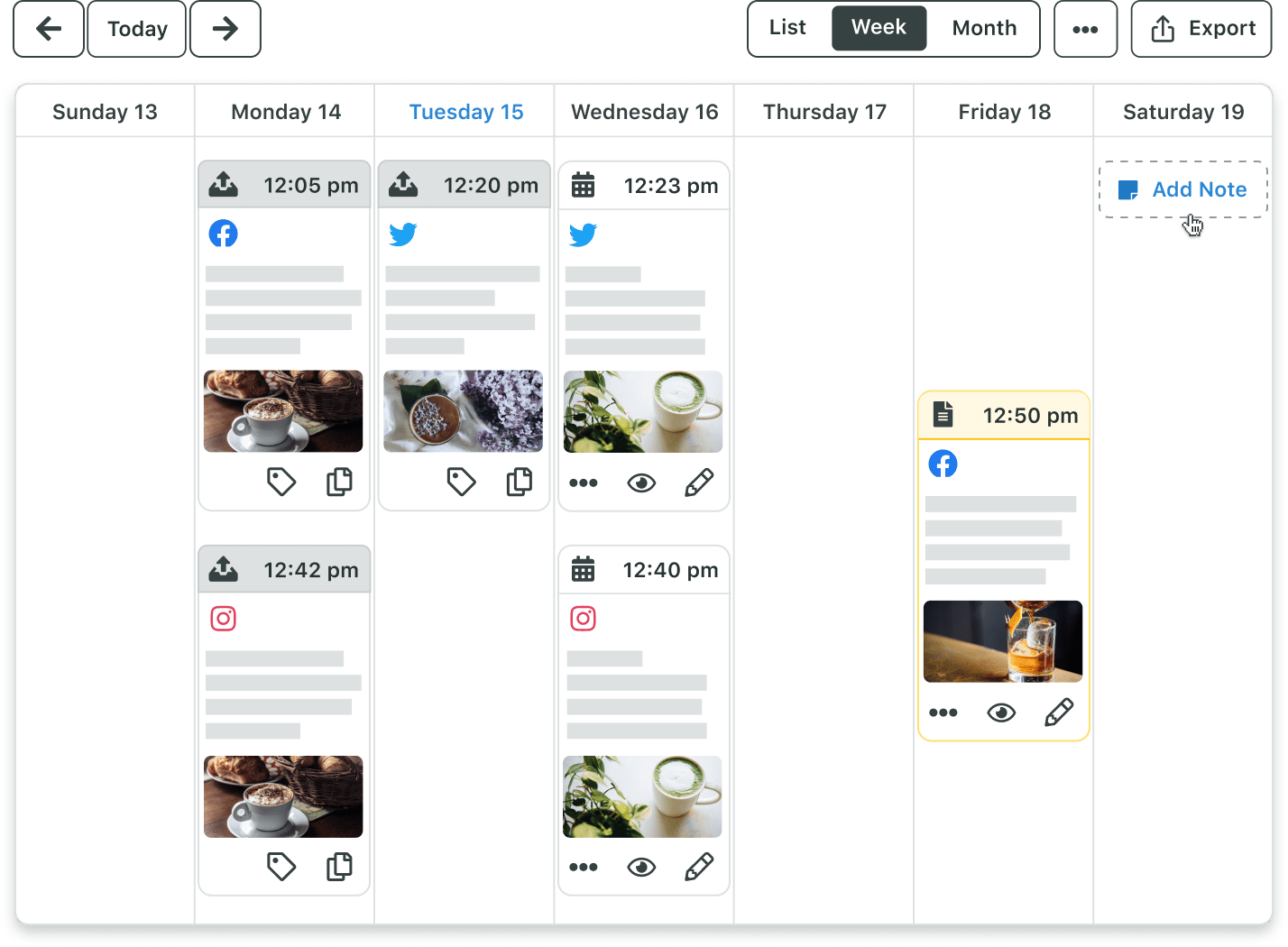 La vista de la semana del calendario de publicación de Sprout muestra una visión general de todas tus publicaciones programadas con opciones para ver, etiquetar y editar el contenido.