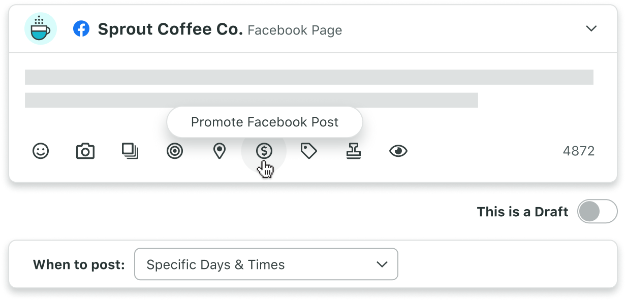 Maximieren Sie die Reichweite Ihrer Inhalte, indem Sie Facebook-Beiträge direkt über das „Verfassen“-Fenster von Sprout bewerben.