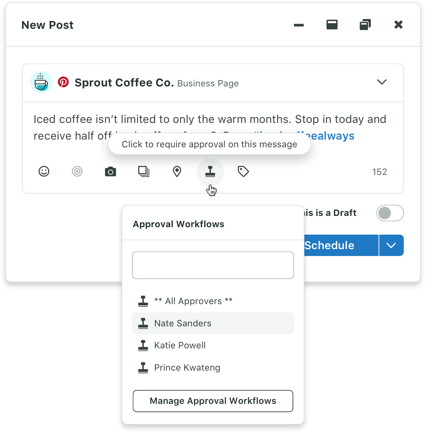 Produkt-Screenshot der erweiterten Workflows für Genehmigungen, die im „Verfassen“-Fenster von Sprout verfügbar sind.